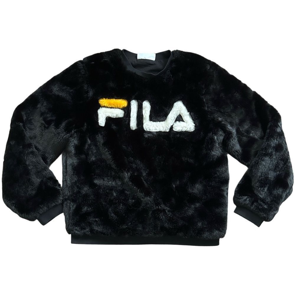 Fila Womens Black White Emmeline Faux Fur Fuzzy Crewneck Sweater Size Medium